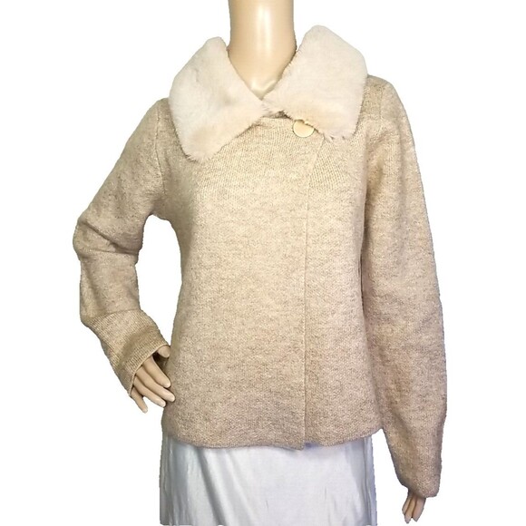 Ellen Tracy M Knit Cardigan Removable Faux Fur Collar Acrylic/Wool Blend NWT T53 - Picture 1 of 7